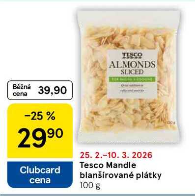 Tesco Mandle blanšírované plátky, 100 g 