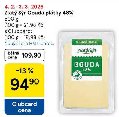 Zlatý Sýr Gouda plátky 48%, 500 g