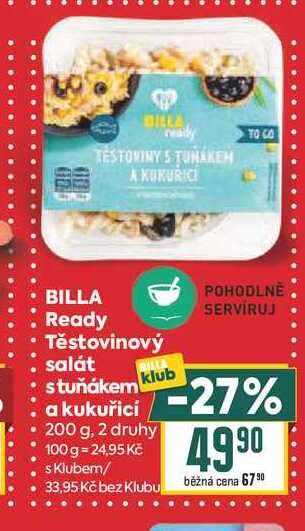 BILLA Ready Těstovinový salát s tuňákem a kukuřicí 200 g