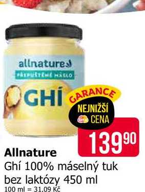 Allnature Ghí 100% máselný tuk bez laktózy 450 ml