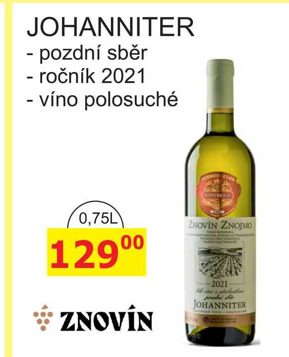 ZNOVÍN ZNOJMO 0,75L JOHANNITER pozdní sběr 2021, víno polosuché