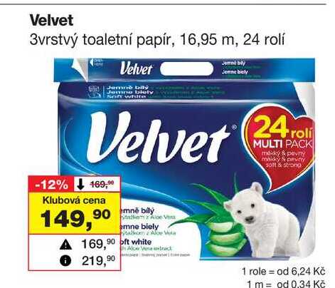 Velvet 3vrstvý toaletní papír, 16,95 m, 24 rolí 