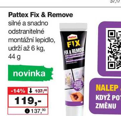 Pattex Fix & Remove silné a snadno odstranitelné montážní lepidlo, udrží až 6 kg, 44 g