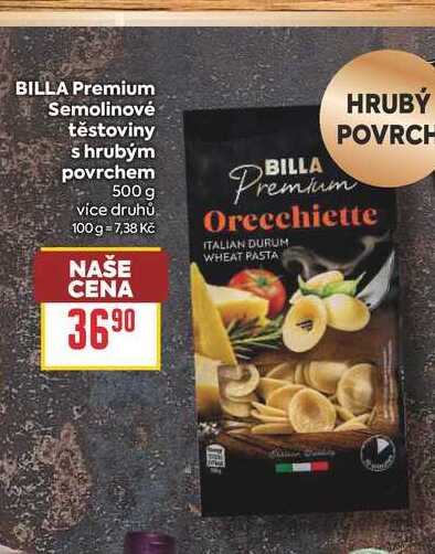 BILLA Premium Semolinové těstoviny s hrubým povrchem 500 g 