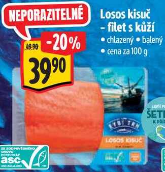 Losos kisuč - filet s kůží, cena za 100 g