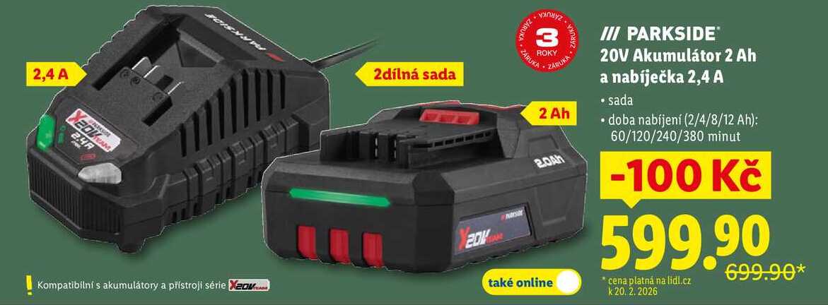 20V Akumulátor 2 Ah a nabíječka 2,4 A 