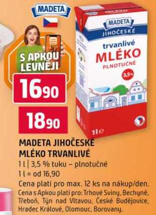 MADETA JIHOČESKÉ MLÉKO TRVANLIVÉ MLÉKO 3,5 % tuku plnotučné 1l