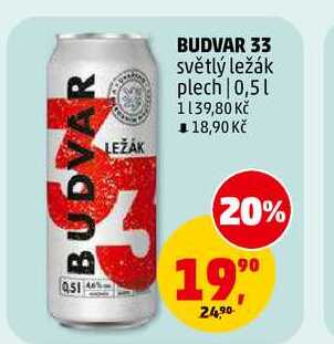 BUDVAR 33 světlý ležák plech, 0,5 l