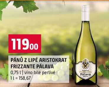 PÁNŮ Z LIPÉ ARISTOKRAT FRIZZANTE PÁLAVA 0,75l víno bílé perlivé 