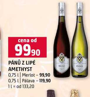 PÁNŮ Z LIPÉ AMETHYST 0,75l Merlot 0,75l Pálava 
