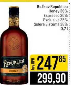 Božkov Republica Honey 30% Espresso 30% Exclusive 35% Solera Sistema 38% 0,7