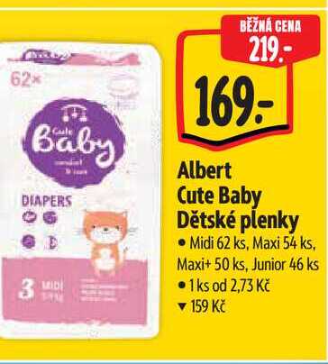  Albert Cute Baby Dětské plenky Midi 62 ks, Maxi 54 ks, Maxi+ 50 ks, Junior 46 ks 