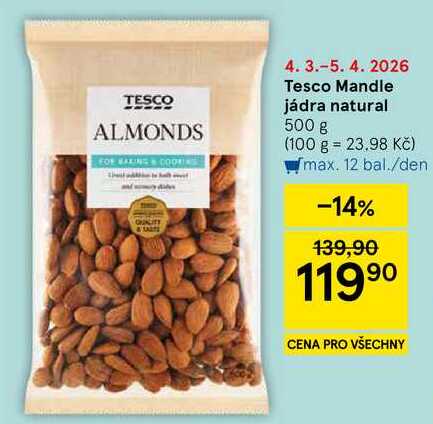Tesco Mandle jádra natural, 500 g