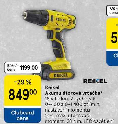Reikel Akumulátorová vrtačka, 18 V Li-Ion, 2 rychlosti: 0-400 a 0-1 400 ot/min. nastavení momentu 21+1, max. utahovací moment: 28 Nm, LED osvětlení