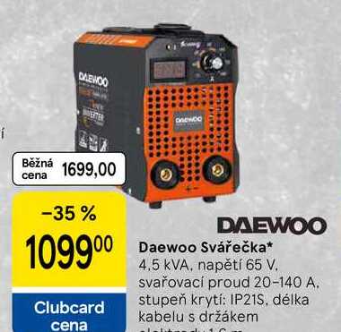 Daewoo Svářečka, 4,5 kVA, napětí 65 V. svařovací proud 20-140 A. stupeň krytí: IP21S, délka kabelu s držákem 