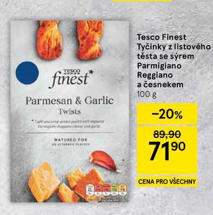 Tesco Finest Tyčinky z listového těsta se sýrem Parmigiano Reggiano a česnekem, 100 g  