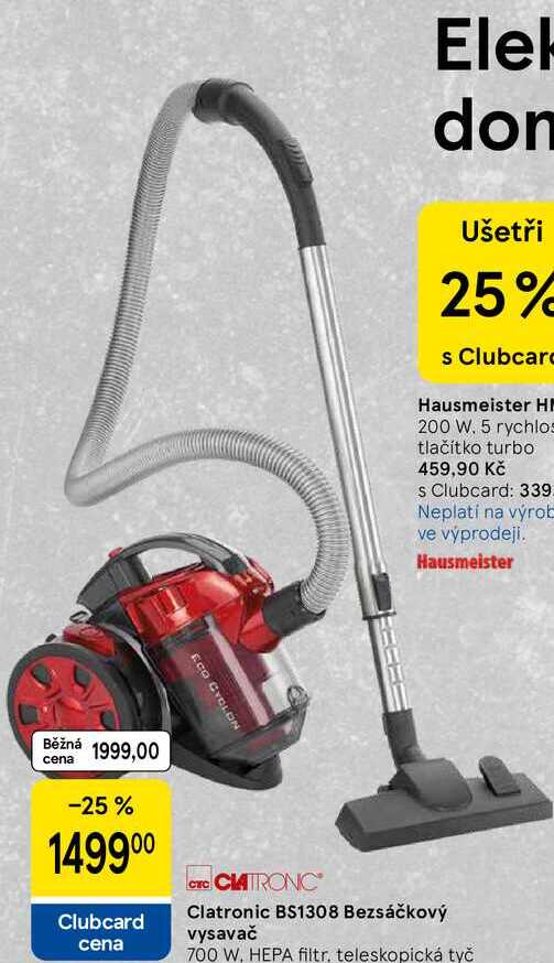 Clatronic BS1308 Bezsáčkový vysavač, 700 W, HEPA filtr, teleskopická tyč 