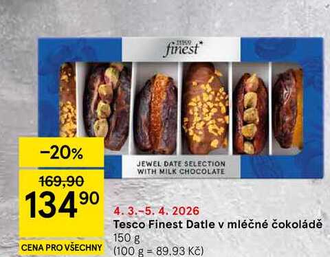 Tesco Finest Datle v mléčné čokoládě, 150 g