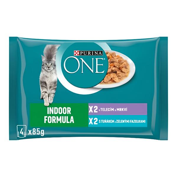 Purina ONE Indoor kapsičky pro kočky tuňák, telecí ve šťávě 4x85g