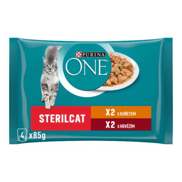 Purina ONE Sterilised kapsičky pro kočky kuře, hovězí ve šťávě 4x85g
