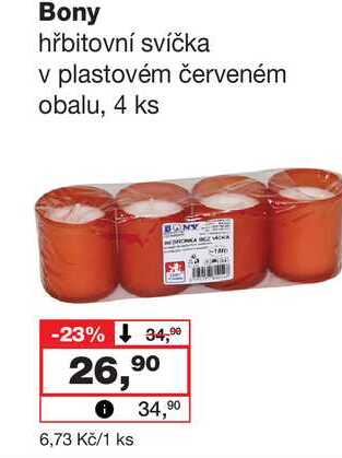 Bony hřbitovní svíčka v plastovém červeném obalu, 4 ks