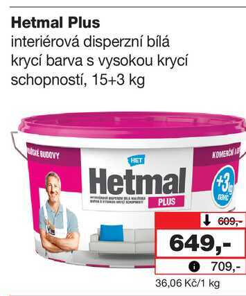 Hetmal Plus interiérová disperzní bílá krycí barva s vysokou krycí schopností, 15+3 kg