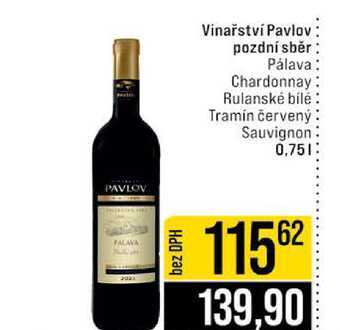 Vinařství Pavlov pozdní sběr Pálava Chardonnay Rulanské bílé Tramín červený Sauvignon 0,75l