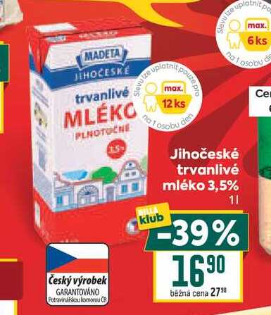 Jihočeské trvanlivé mléko 3,5% 1l 