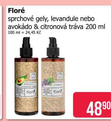 Floré sprchové gely, levandule nebo avokádo & citronová tráva 200 ml 