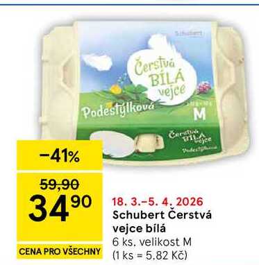 Schubert Čerstvá vejce bílá, 6 ks. velikost M 
