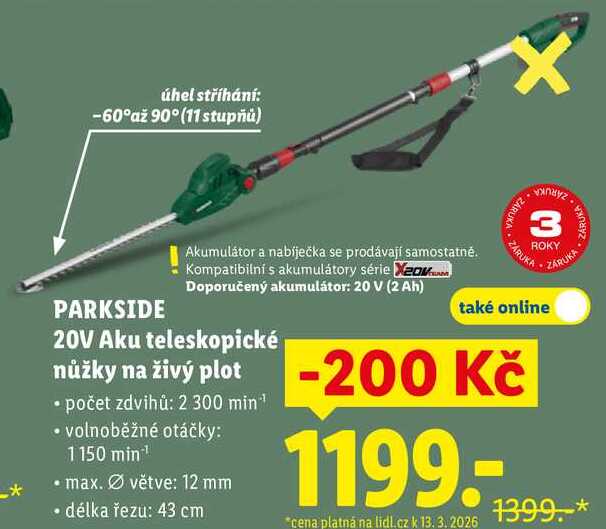 PARKSIDE 20V Aku teleskopické nůžky na živý plot