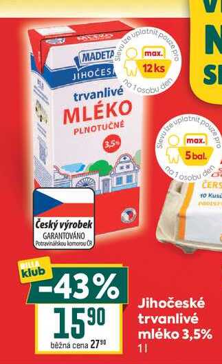 Jihočeské trvanlivé mléko 3,5% 1l