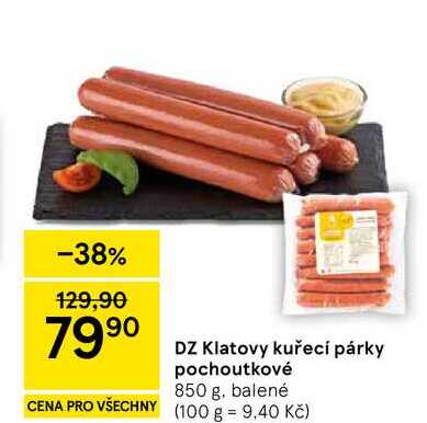 DZ Klatovy kuřecí párky pochoutkové, 850 g, balené 
