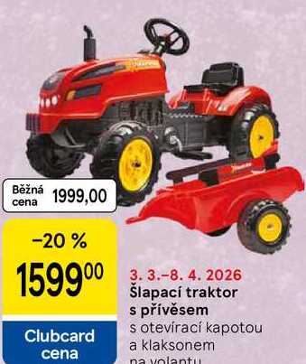 Šlapací traktor s přívěsem, s otevírací kapotou a klaksonem na volantu 