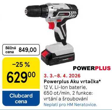 Powerplus Aku vrtačka, 12 V. Li-Ion baterie. 650 ot/min, 2 funkce: vrtání a šroubování 