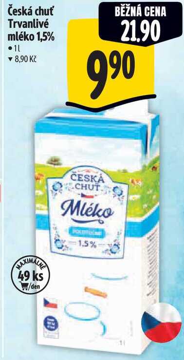 Česká chuť Trvanlivé mléko 1,5%, 1 l