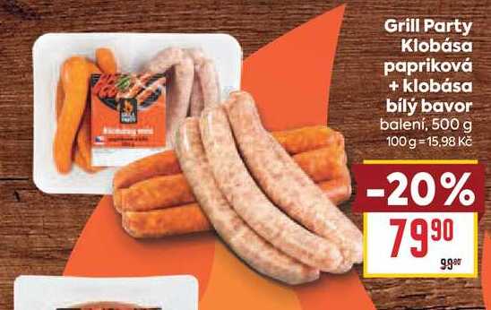 Grill Party Klobása papriková + klobása bílý bavor balení, 500 g