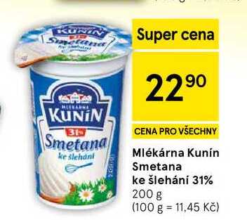 Mlékárna Kunín Smetana ke šlehání 31%, 200 g
