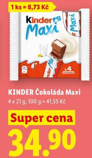 KINDER Čokoláda Maxi, 4x 21 g