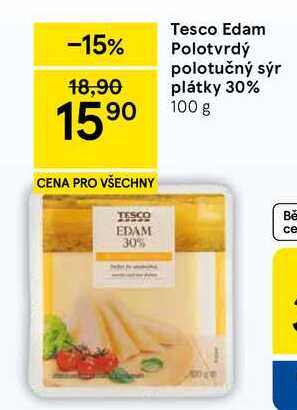 Tesco Edam Polotvrdý polotučný sýr plátky 30%, 100 g 