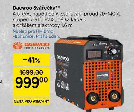 Daewoo Svářečka, 4.5 KVA, napětí 65 V. svařovací proud 20-140 A. stupeň krytí: IP21S, délka kabelu s držákem elektrody 1.6 m