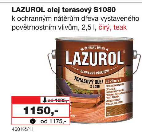 LAZUROL olej terasový $1080 k ochranným nátěrům dřeva vystaveného povětrnostním vlivům, 2,5l