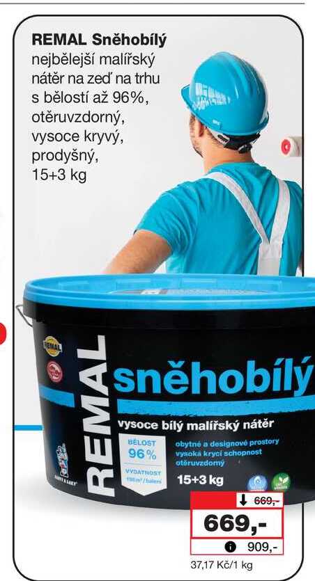 REMAL Sněhobílý nejbělejší malířský nátěr na zeď na trhu s bělostí až 96%, otěruvzdorný, vysoce kryvý, prodyšný, 15+3 kg