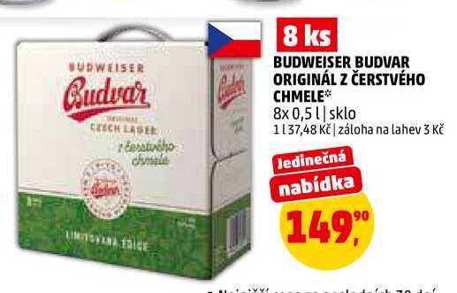 BUDWEISER BUDVAR ORIGINÁL Z ČERSTVÉHO CHMELE, 8x 0,5 l