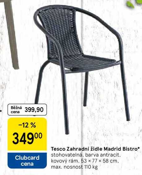 Tesco Zahradní židle Madrid Bistro, stohovatelná, barva antracit, kovový rám, 53 × 77 × 58 cm. max. nosnost 110 kg 