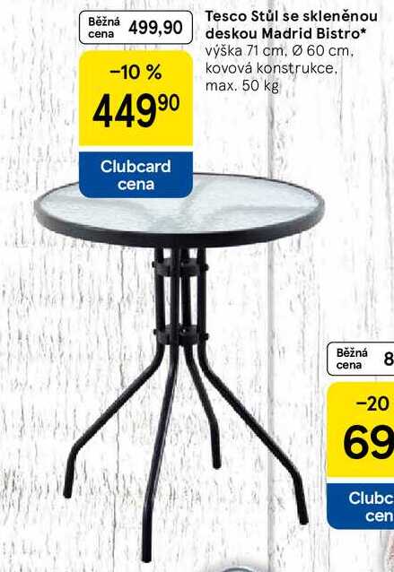Tesco Stůl se skleněnou deskou Madrid Bistro, výška 71 cm, Ø 60 cm. kovová konstrukce. max. 50 kg 