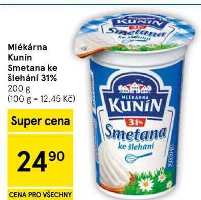 Mlékárna Kunín Smetana ke šlehání 31%, 200 g  
