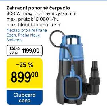 Zahradní ponorné čerpadlo, 400 W. max. dopravní výška 5 m. max. průtok 10 000 l/h. max. hloubka ponoru 7 m 