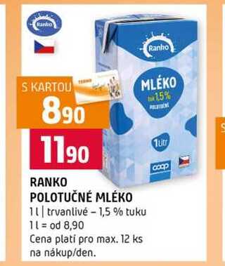 RANKO POLOTUČNÉ MLÉKO trvanlivé 1,5 % tuku 1l