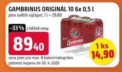 GAMBRINUS ORIGINÁL 10 6x 0,5l pivo světlé výčepní